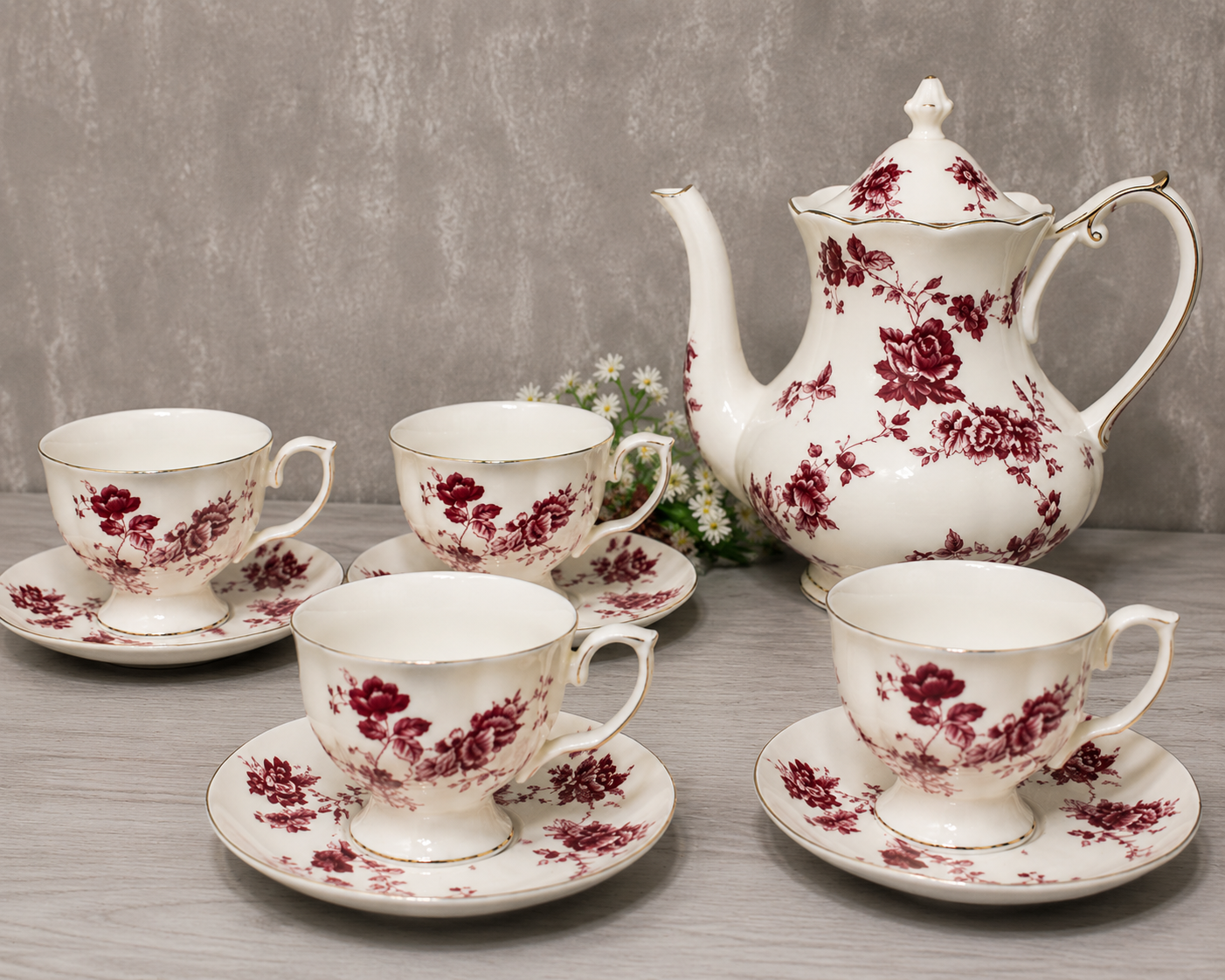 Burgundy Rose Ceramic Tea Set – 9 Piece