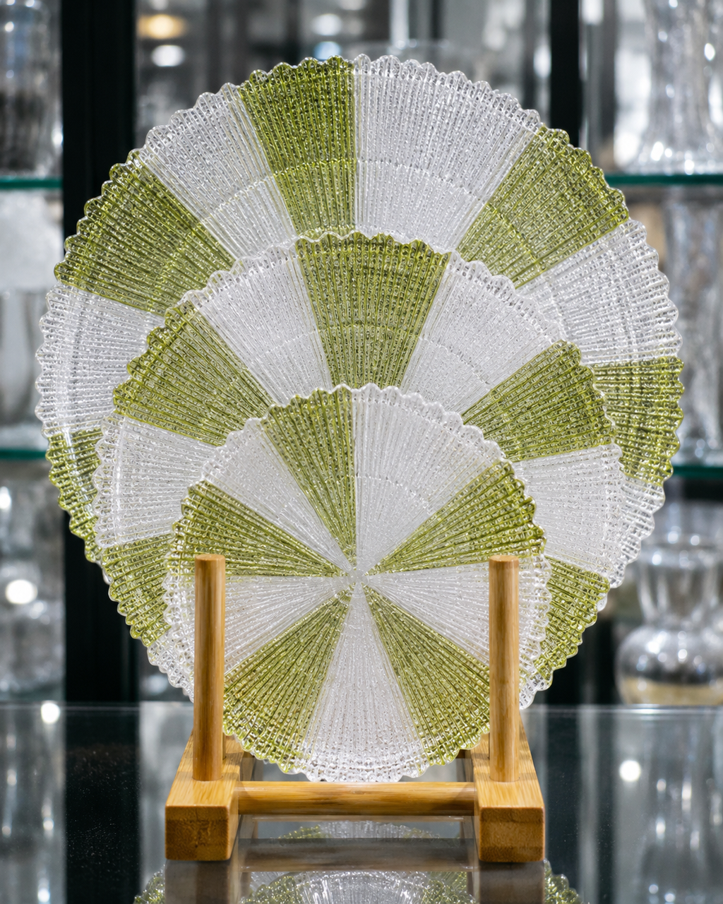 3-Piece Green & Clear Textured Glass Serving Plate Set