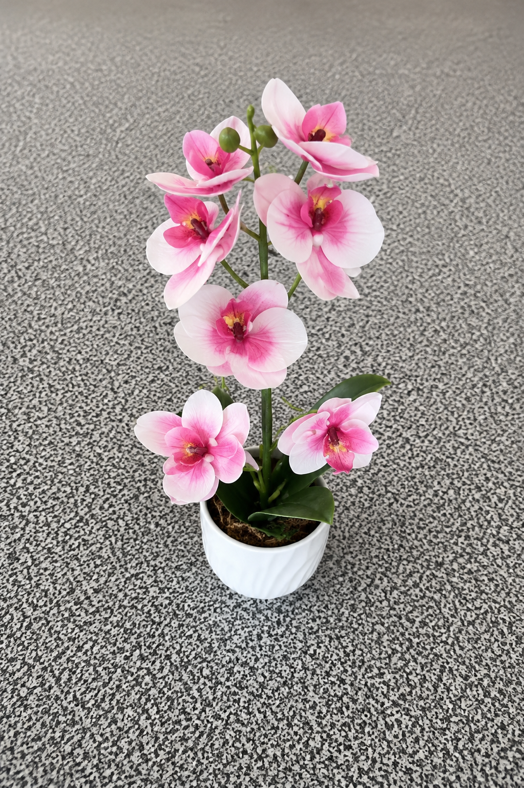 Artificial Pink Orchid Arrangement in White Pot
