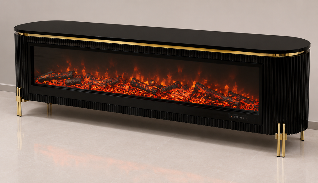 Modern Electric Fireplace TV Unit – Black & Gold Size: 200 × 40 cm. Item NO: TVA45F-black