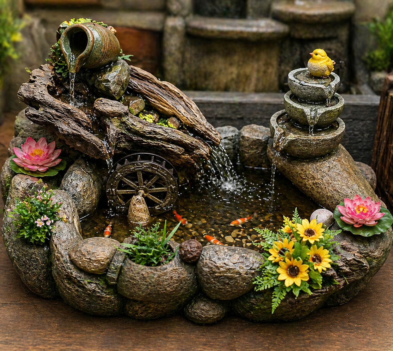 Rustic Serenity Koi Water Feature Fountain