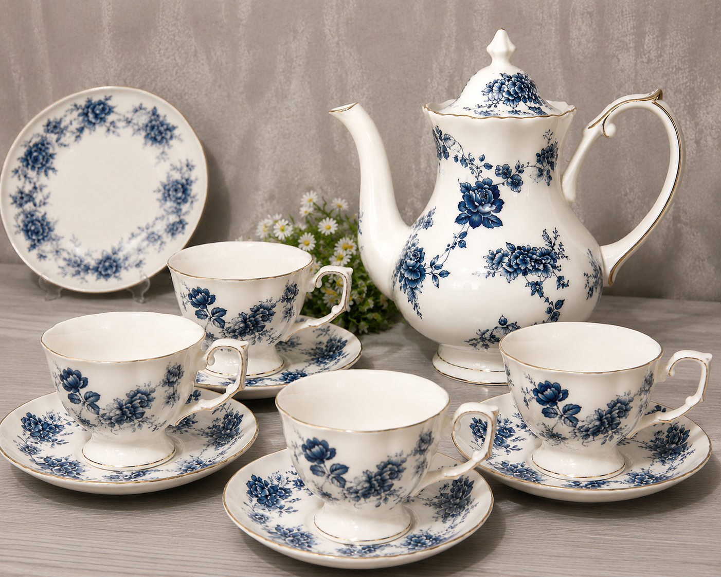 Blue Floral Ceramic Tea Set – 9 Piece