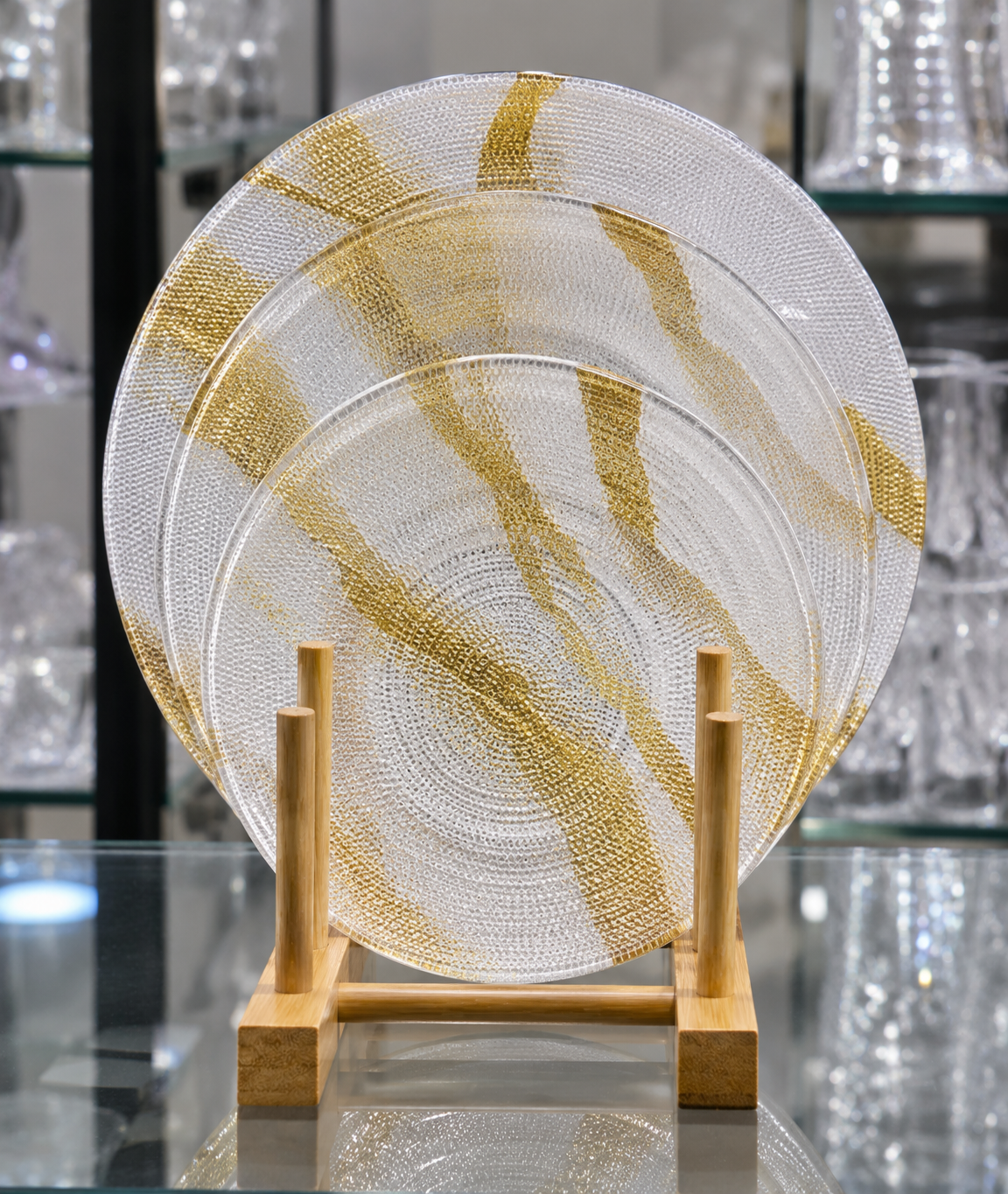 3-Piece Gold & Clear Textured Glass Serving Plate Set