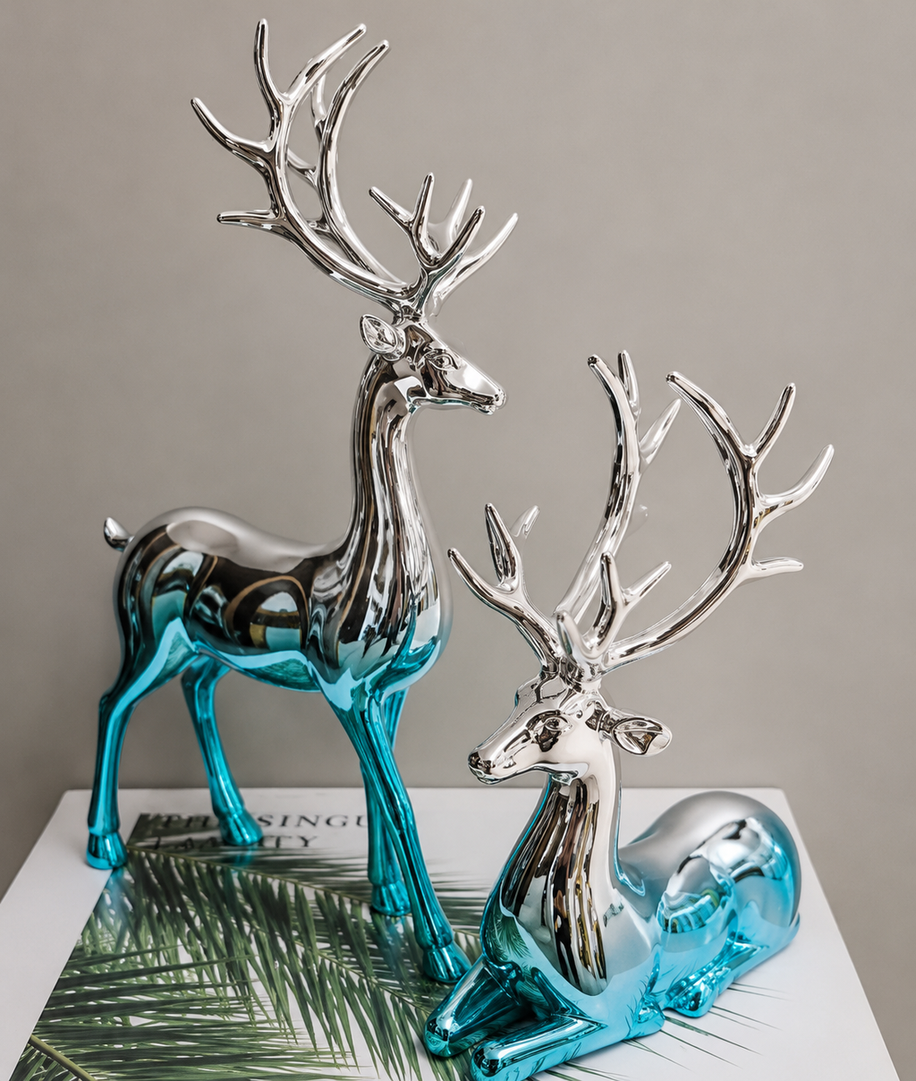 Silver & Blue Deer Resin Sculpture Set – 2 Piece Decorative Set. Item No: 2701s