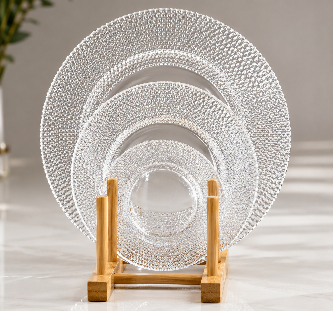 3-Piece Clear Bubble Textured Glass Serving Plate Set