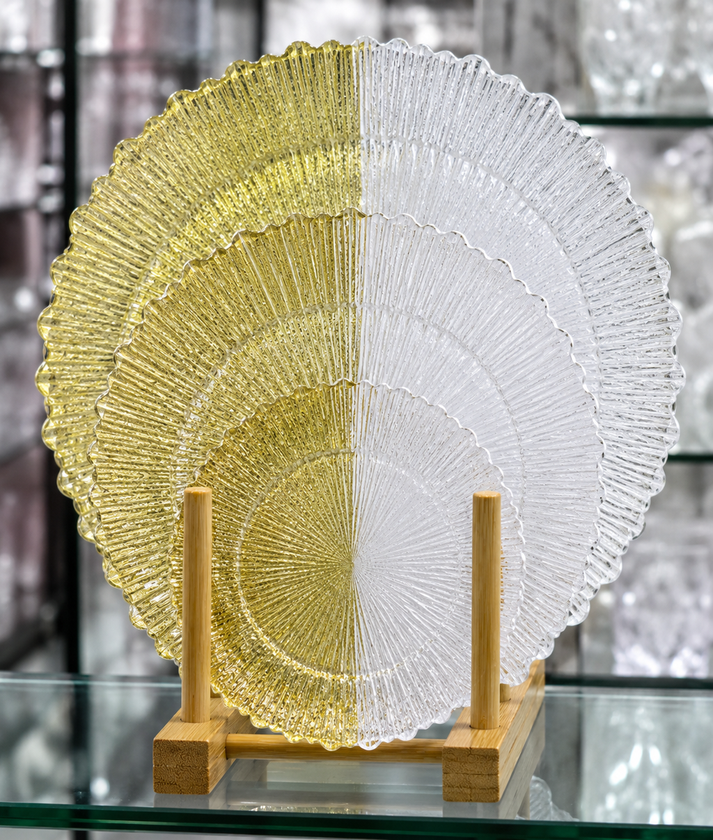 3-Piece Gold & Clear Textured Glass Serving Plate Set