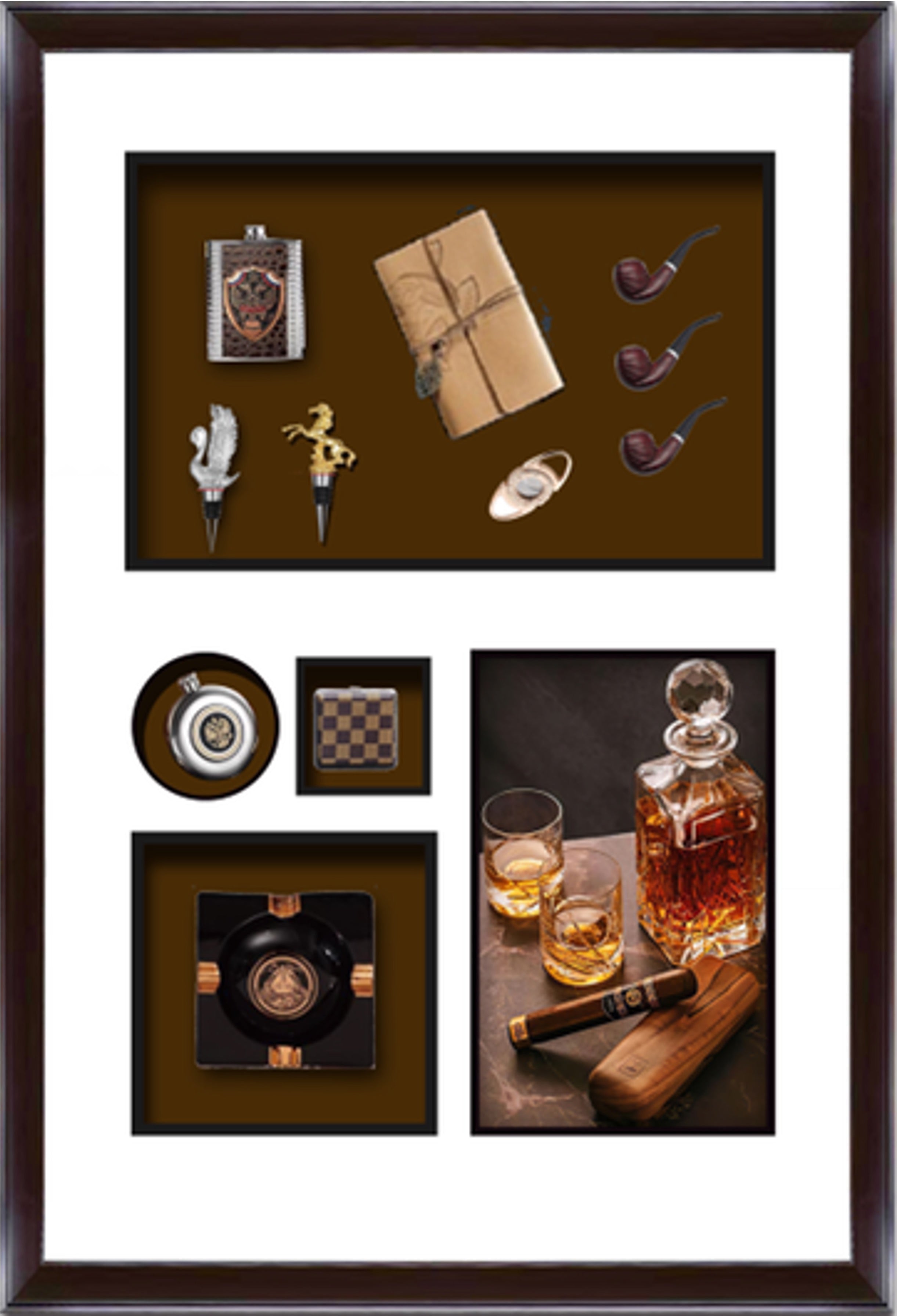 Luxury Gentleman’s Collection Shadow Box Frame – Whiskey & Cigar Wall Art (125-85cm) ITEM NO: SW-004