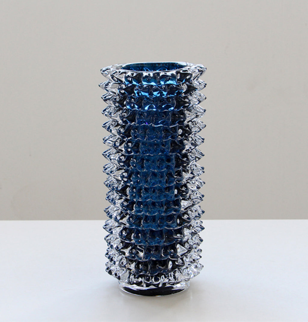 Midnight Blue Ripple Glass Vase – Luxury Sculptural Accent (16-16-37cm)