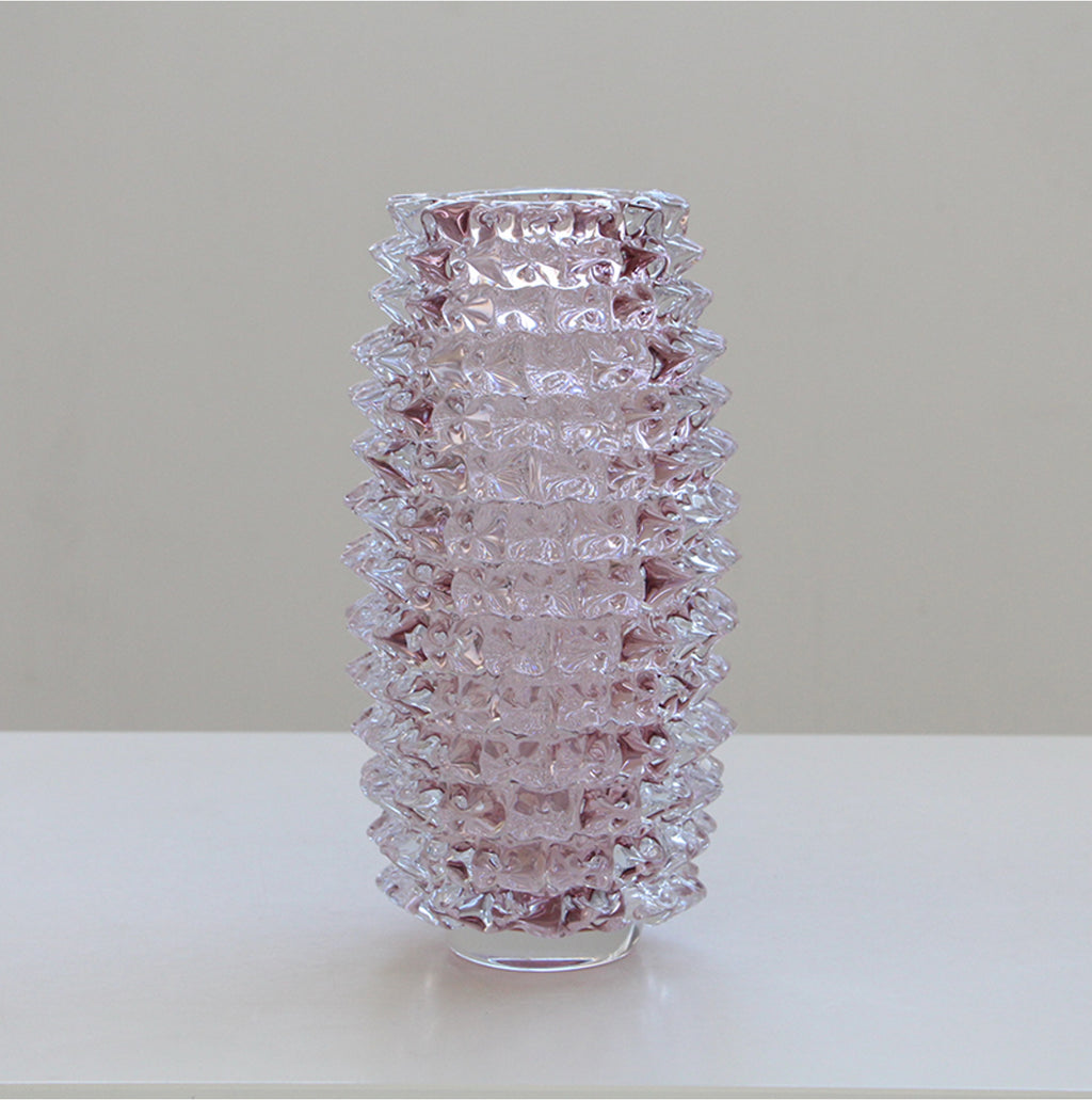 Blush Crystal Ripple Glass Vase – Modern Decorative Accent (18-18-35cm)