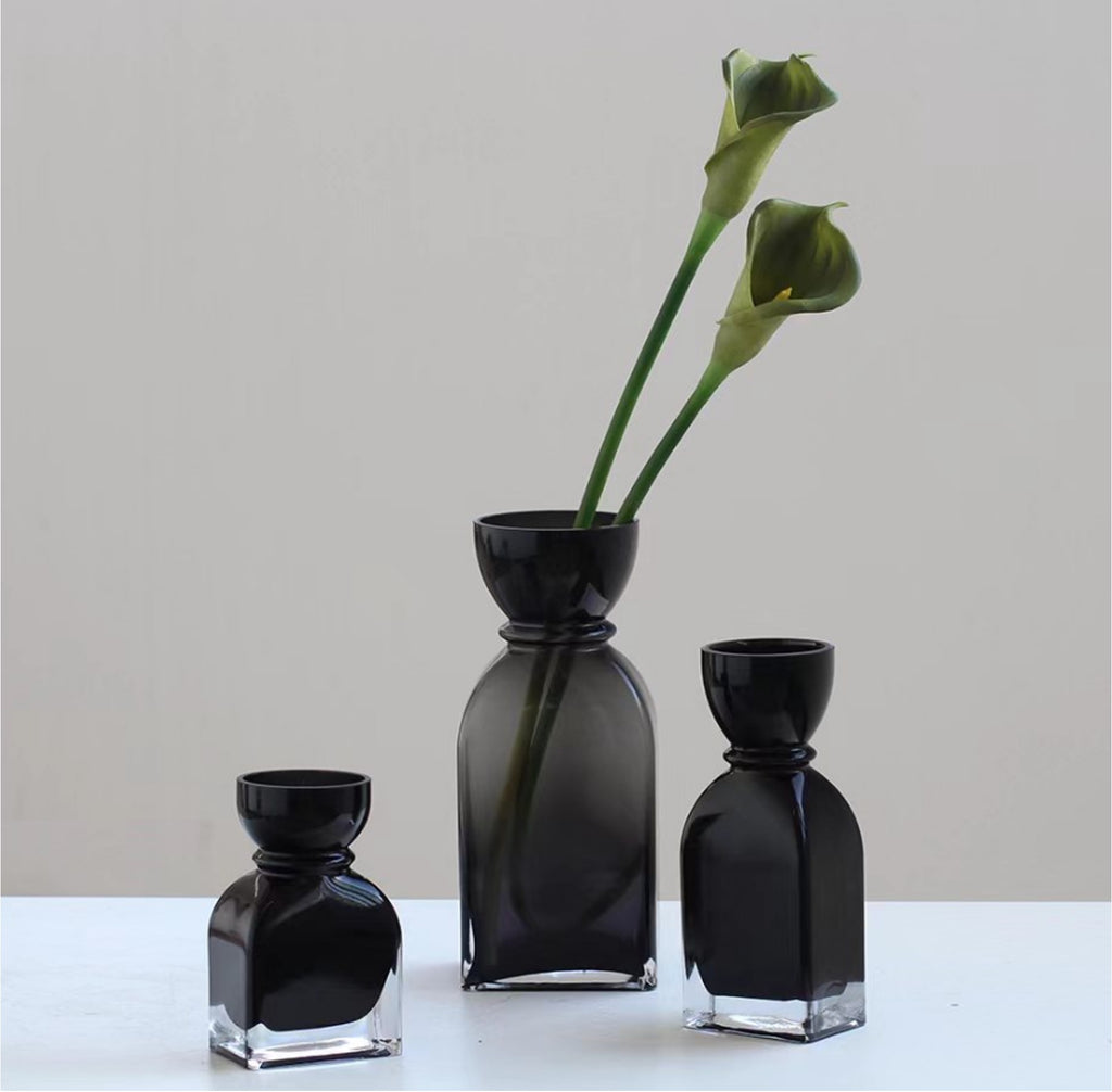 Smoked Black Glass Vase Set – Modern Minimalist Trio 12.5cm-9cm-31cm