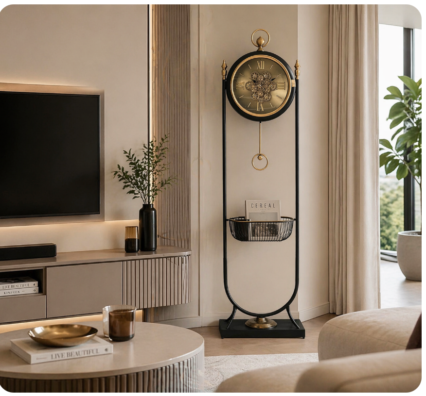 Regal Stand Floor Clock with Storage Basket – Black & Gold (182-50-22cm)