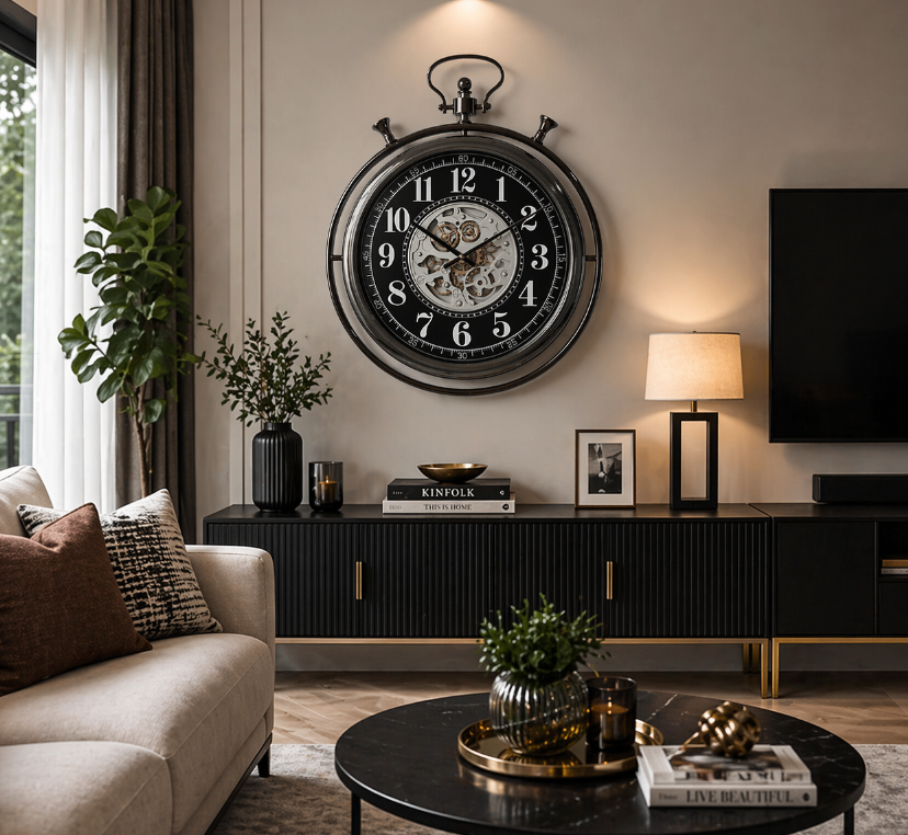Nova Gear Wall Clock – Black & Chrome Modern Design (74-60-7cm)