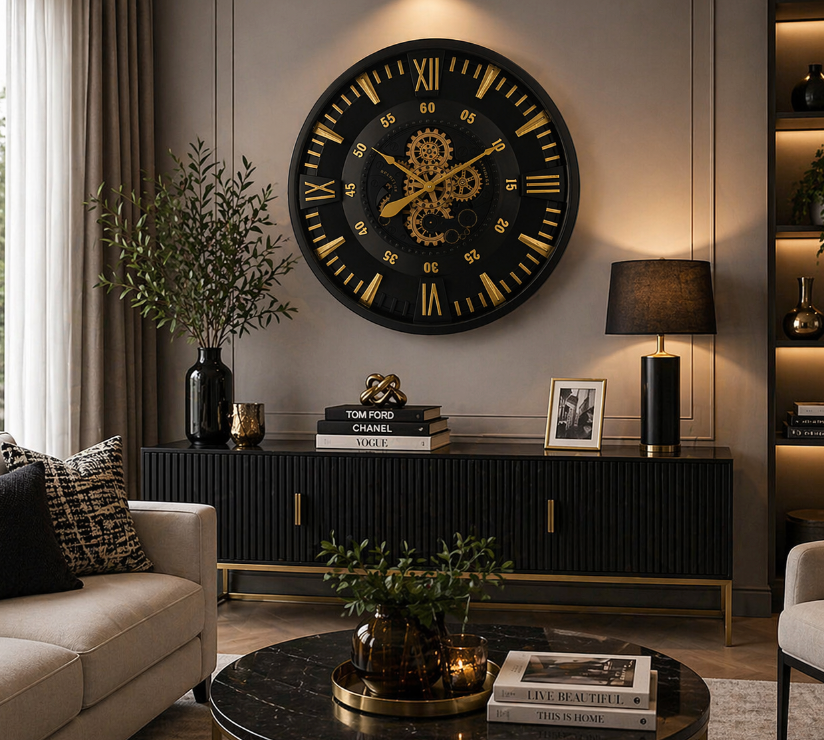 Eclipse Gear Wall Clock – Black & Gold Luxury Design (80-80-10cm)