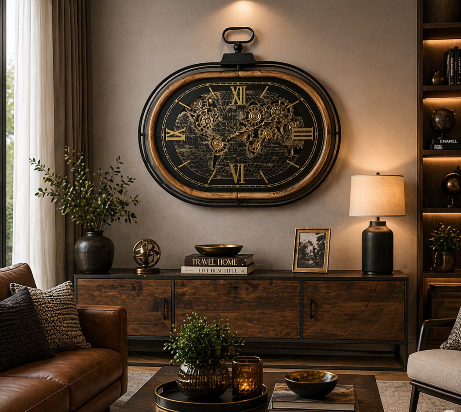 Voyager World Map Wall Clock – Black, Wood & Gold Gear Design (75-72-8cm)