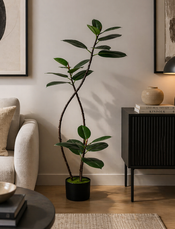 Artificial Rubber Plant – Twisted Stem Minimalist Design (1.4m)