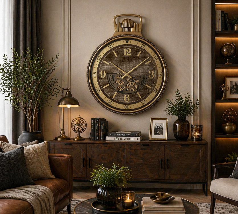 Vintage Pocket Style Wall Clock – Antique Gold Finish (78-46.5-8.5cm)
