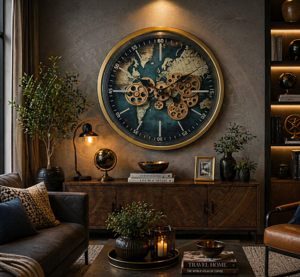 World Map Gear Wall Clock – Vintage Explorer Design (46-46-7cm) Item No: 75076-2