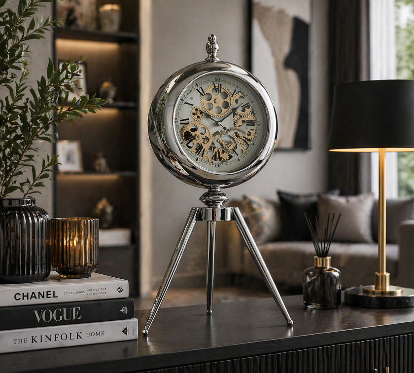 Modern Tripod Table Clock – Chrome Luxury Design (68-32-32cm) Item No: 75090B