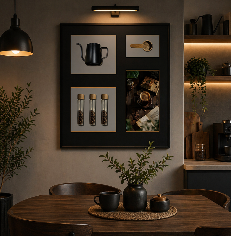 Modern Coffee Essentials Wall Art Frame – Black Edition Kitchen Decor (54-54cm)