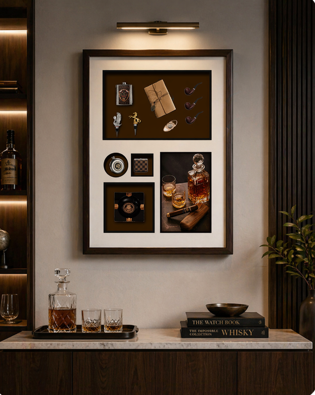 Luxury Gentleman’s Collection Shadow Box Frame – Whiskey & Cigar Wall Art (125-85cm) ITEM NO: SW-004