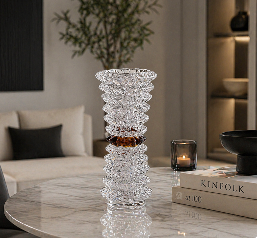 Crystal Ripple Glass Vase – Modern Textured Accent Piece (12-12-27.5cm)