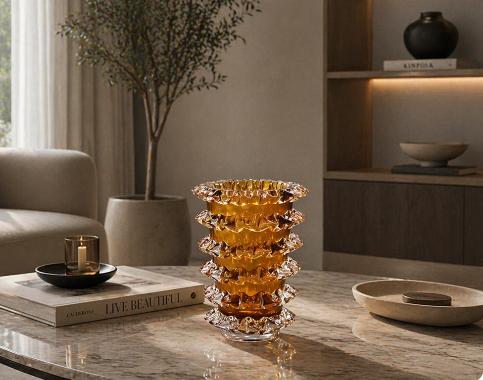 Amber Ripple Glass Vase – Sculptural Luxury Accent (17-17-23cm)