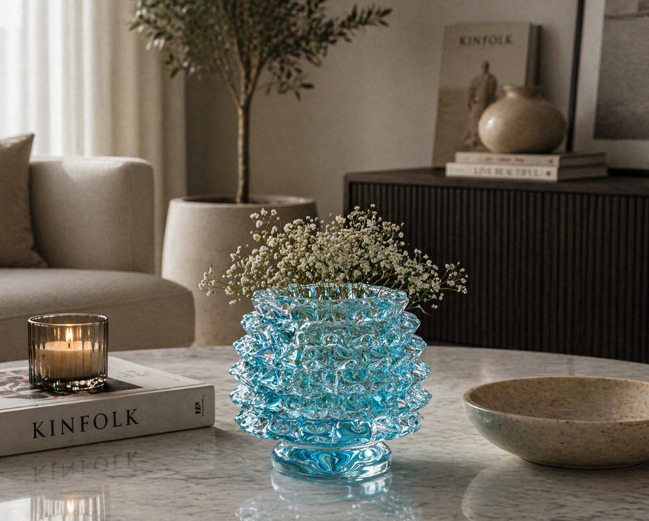 Aqua Ripple Glass Bowl Vase – Modern Sculptural Accent (20-20-18cm)