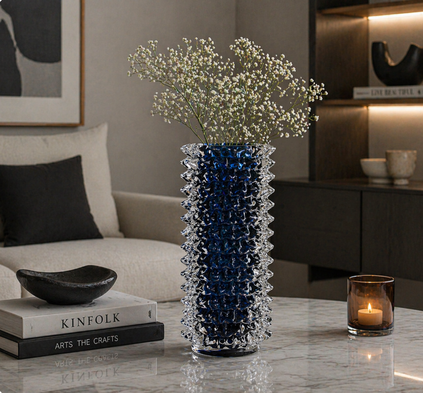 Midnight Blue Ripple Glass Vase – Luxury Sculptural Accent (16-16-37cm)