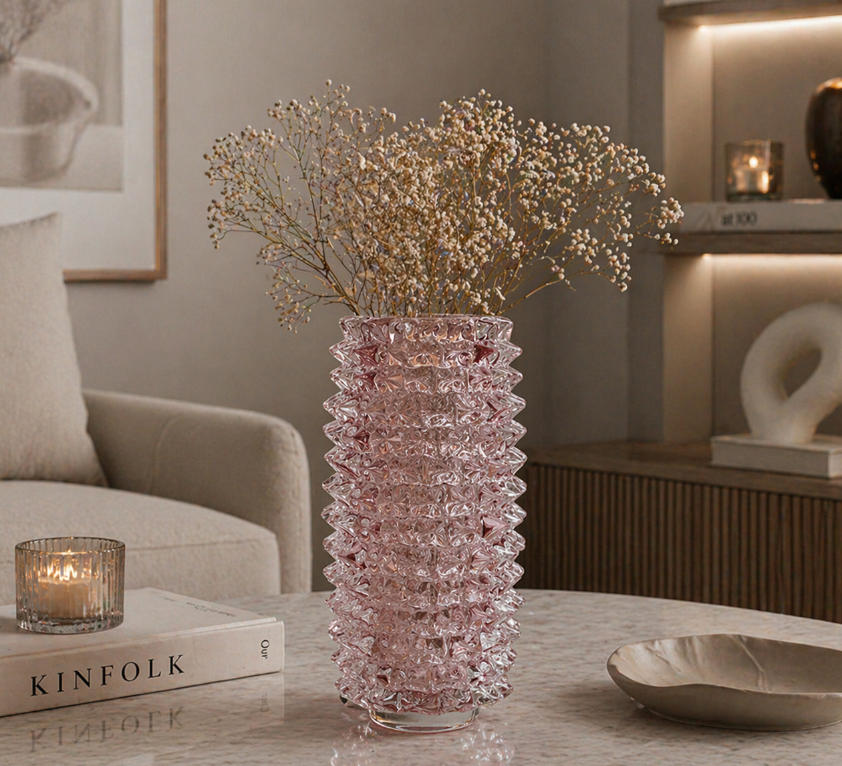 Blush Crystal Ripple Glass Vase – Modern Decorative Accent (18-18-35cm)