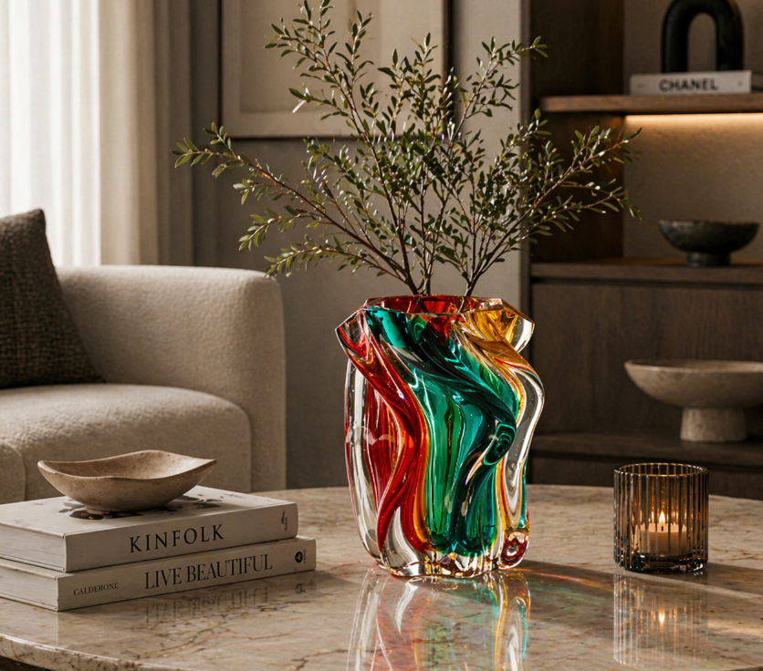 Multicolor Sculpted Glass Vase – Artistic Modern Statement Piece (15-15-35cm)