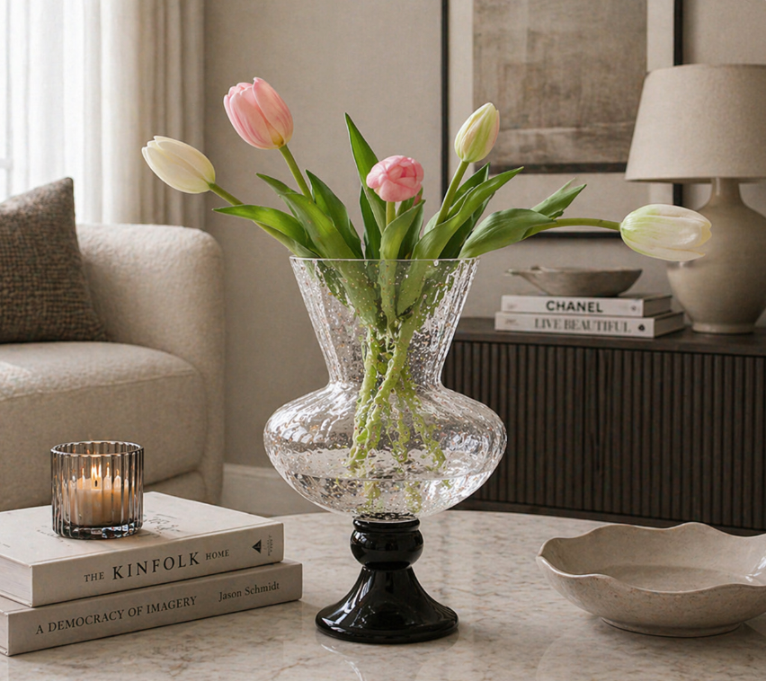Classic Glass Vase with Black Base – Elegant Floral Display Piece 15-15-28cm)