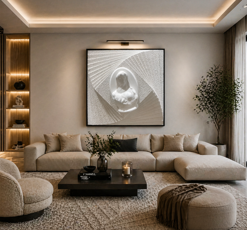 Modern Sculptural Relief Art – Minimalist 3D Wall Frame (44-44cm) ITEM NO: LY-010. WHITE