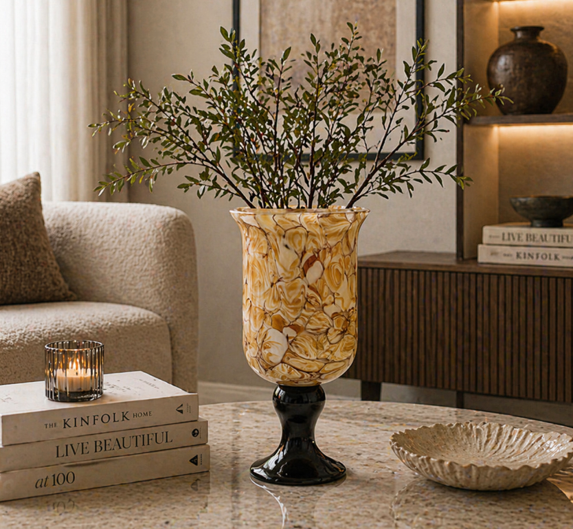 Marble Swirl Glass Vase with Black Base – Luxury Decorative Accent (18-33cm)
