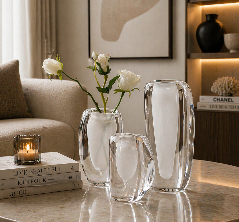 Clear Sculpted Glass Vase Set – Minimalist Modern Collection (Set of 3) 8cm-15cm-20cm