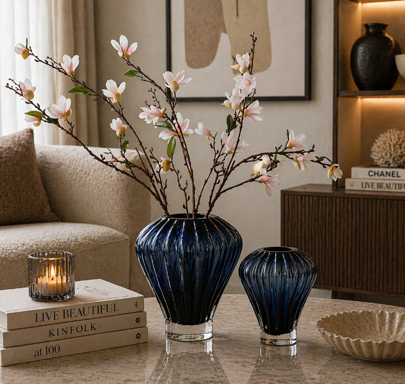 Midnight Blue Ribbed Glass Vase – Elegant Duo Collection (17-17-20cm) ONE piece. item N0: 1925