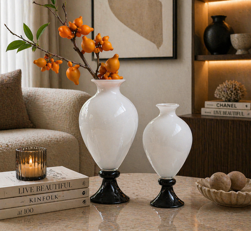 Milky White Glass Vase – Classic Minimalist Duo (19-19-36cm)