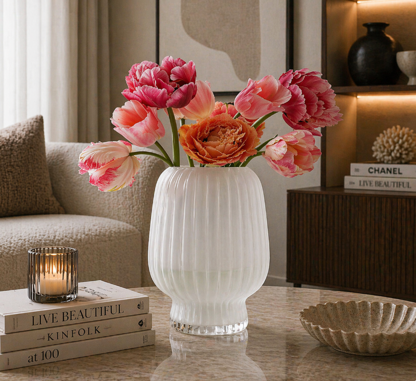 Frosted Ribbed Glass Vase – Soft Minimalist Elegance (16-31.5cm) ITEM NO: BX25599