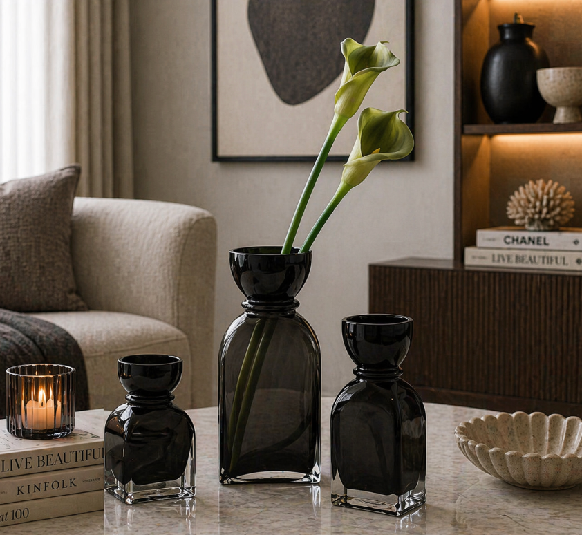 Smoked Black Glass Vase Set – Modern Minimalist Trio 12.5cm-9cm-31cm