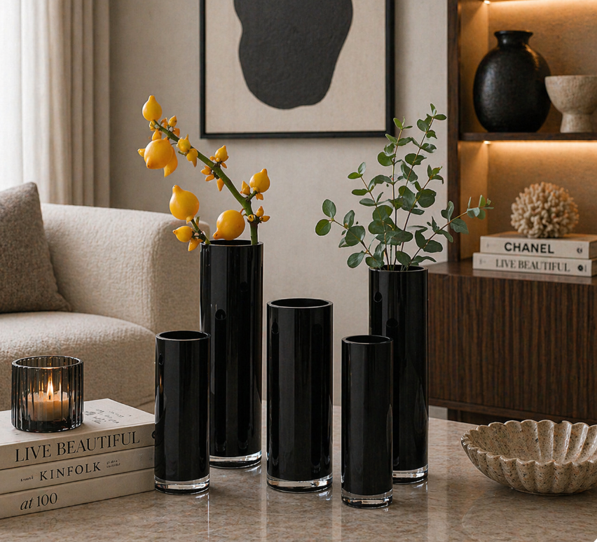 Black Cylinder Glass Vase – Modern Minimalist. (10-25cm)