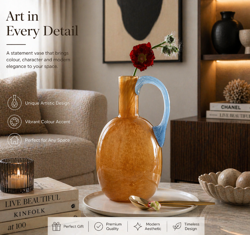 Amber Glass Vase with Sculpted Handle – Artistic Modern Décor(13.5-21.5cm)