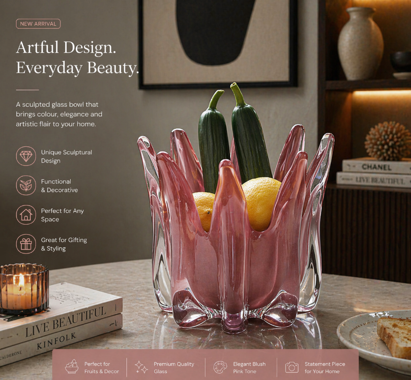 Blush Sculpted Glass Bowl – Modern Artistic Centrepiece (18-18-19cm)