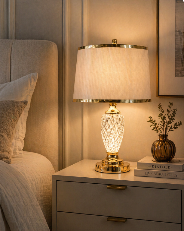 Classic Crystal Base Table Lamp – Gold & Fabric Shade