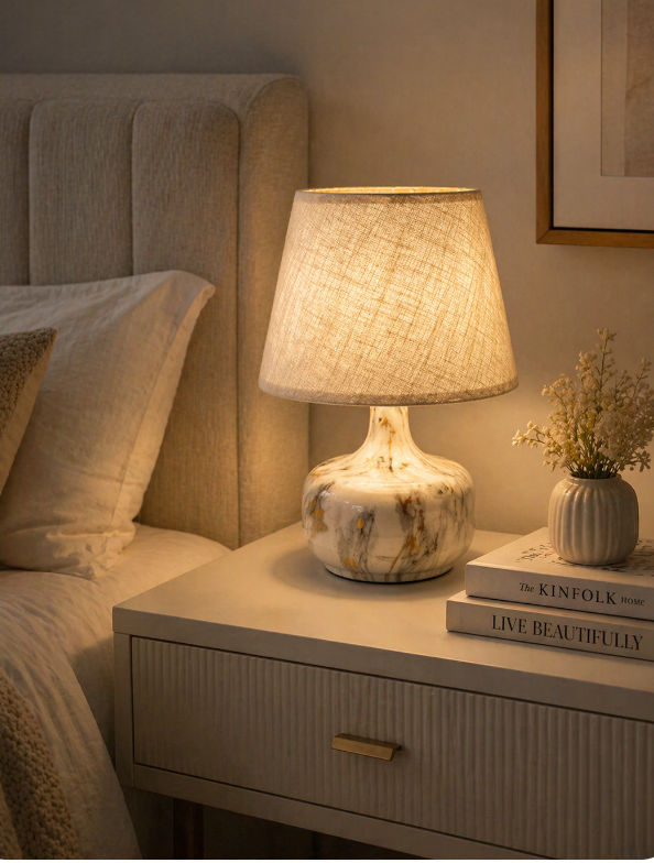 Marble Effect Table Lamp – Soft Fabric Shade