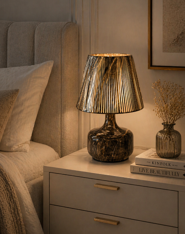 Luxury Marble Table Lamp – Gold Pleated Shade