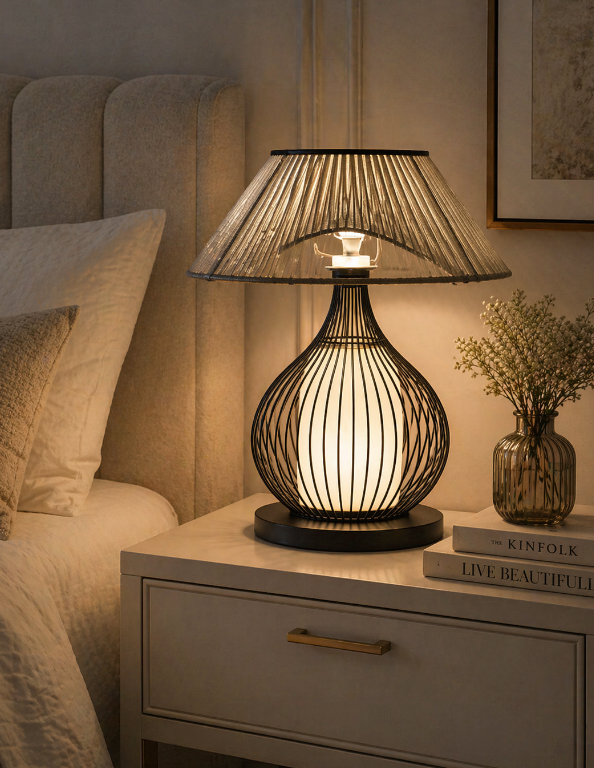 Modern Cage Table Lamp – Sculptural Wire Base