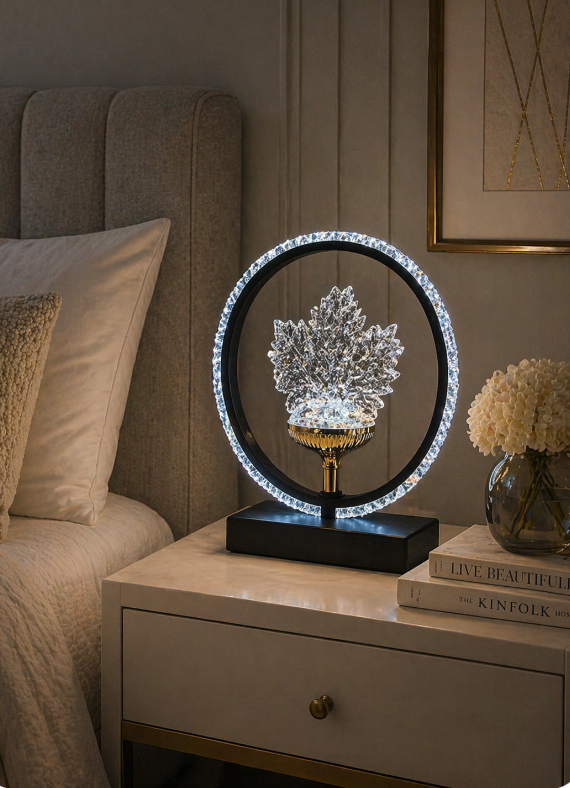 Black Crystal Halo LED Lamp – Modern Ring Statement Light
