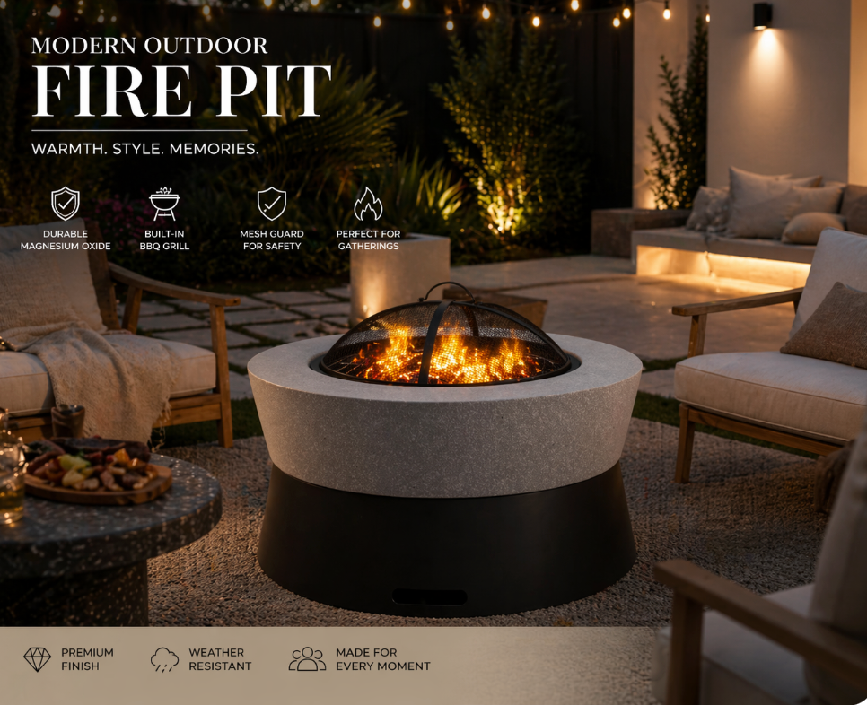 Modern Outdoor Fire Pit with Grill – Magnesium Oxide Stone Design (72-72-44cm)