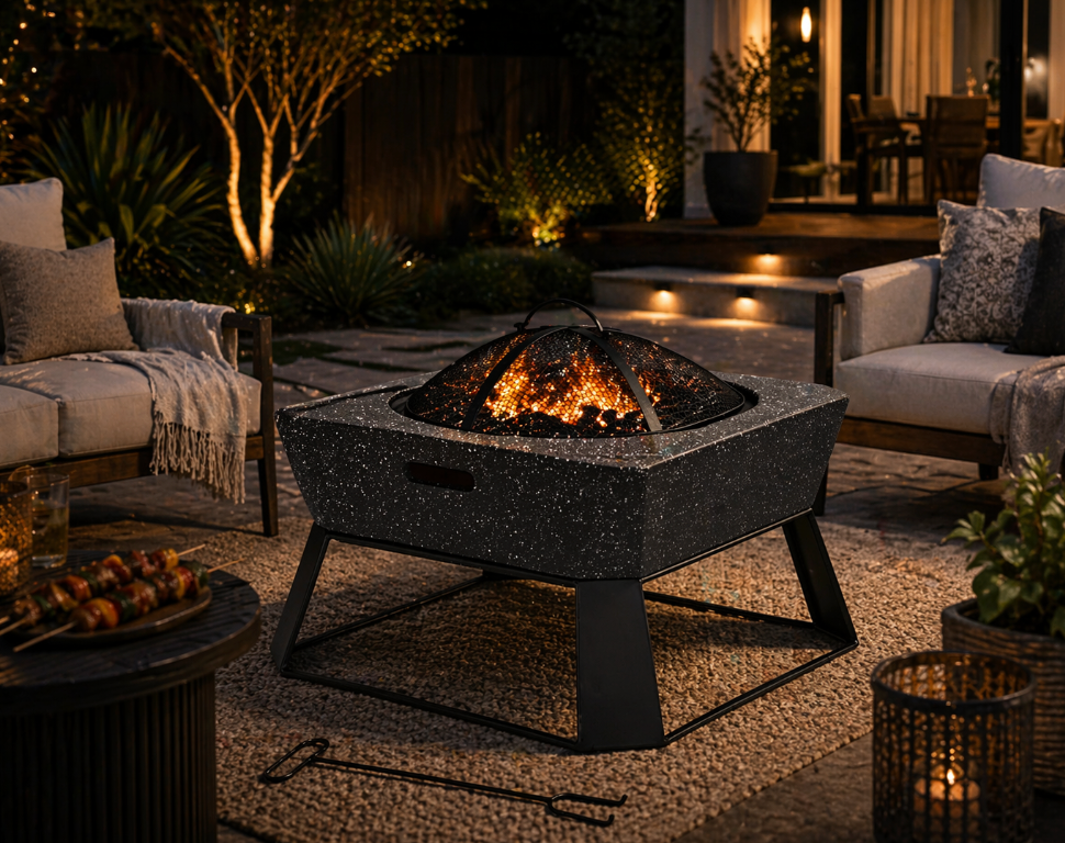 Elevated Outdoor Fire Pit with Grill – Magnesium Oxide Stone (Modern Frame) (62-62-43cm)