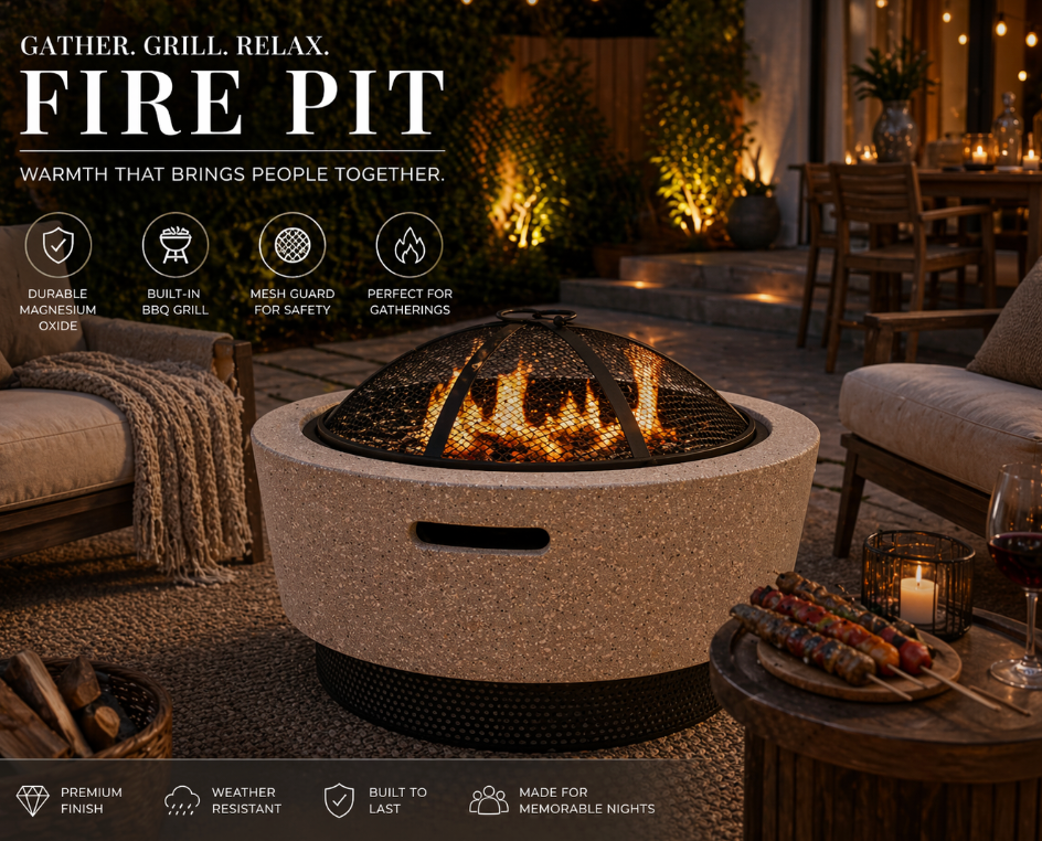 Round Outdoor Fire Pit with Grill – Magnesium Oxide Stone (52-52-38cm)