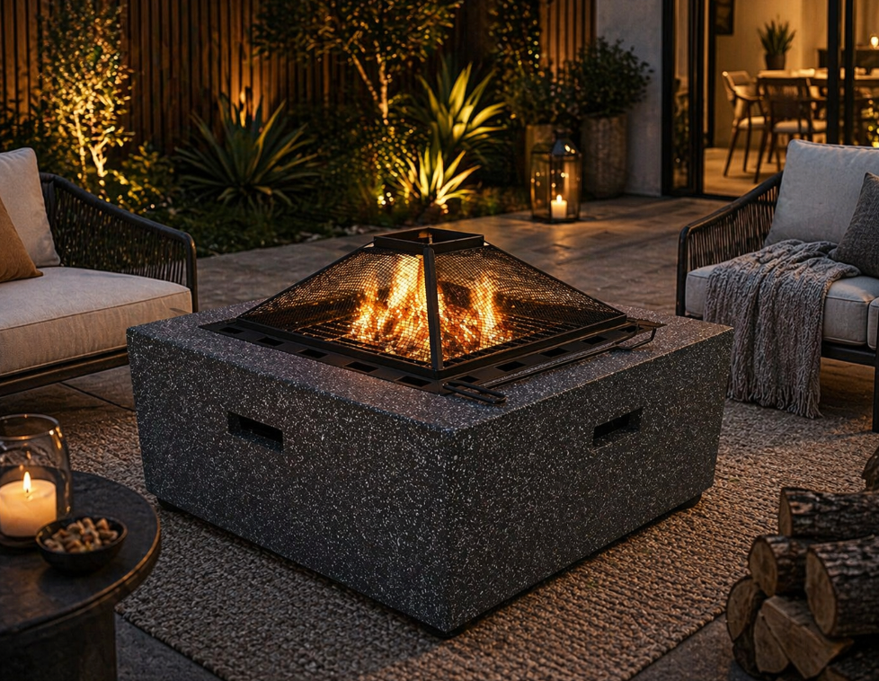 Square Outdoor Fire Pit with Grill – Magnesium Oxide Stone (70-70-41cm) Item No: R16S0074
